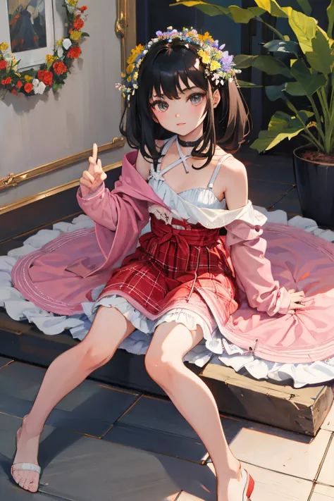 (child:1.2)，（​masterpiece，Highest Quality），Shoulder，Lolita clothes，Onepiece，plaid skirts，Floor paved with flowers，A dark-haired