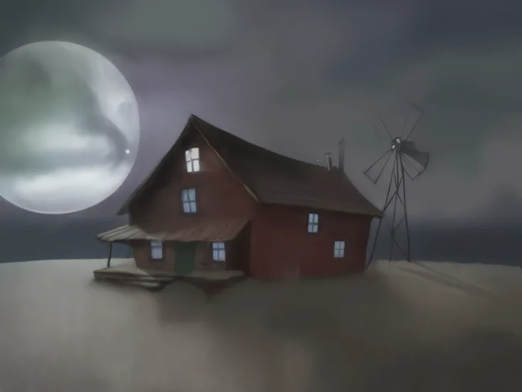 cuadro de una casa con un molino de viento y un molino de viento en una colina, Coraje el perro cobarde, inspirado por Charles Addams, por Darrell Riche, ((((((((noche)))))))) DAY TIME, por la noche con luna llena, in the center of the house Grumpy cartoon...