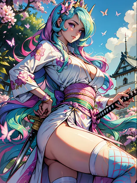 Princess celestia, Princess Celestia from My Little Pony, big breastes, Lush breasts, elastic breasts, exuberant hair, rose hair, samurai, kimono , Serious, Katana in hand, big iron katana, very long katana, emphasis on the sword, shiny sword, view from bo...