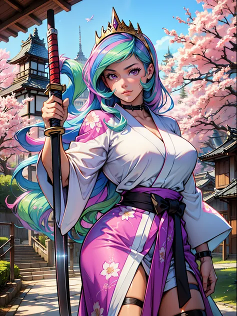 Princess celestia, Princess Celestia from My Little Pony, big breastes, Lush breasts, elastic breasts, exuberant hair, rose hair, samurai, kimono , Serious, Katana in hand, big iron katana, very long katana, emphasis on the sword, shiny sword, view from bo...