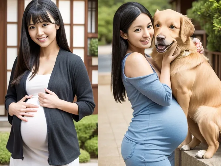 （dvd jacket front and back covers、５・５）、（front shot/sideshot）、１８old black-haired girl and retriever dog,shyly smile,7 months preg...