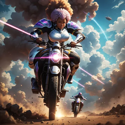 wide angle shot of Full body shot of afro-anime art wide angle shot of African woman riding a motorbike above an army of mercenaries shooting at her,action sci-fi scene, laser bullets missing her, sunlight shining with a beautiful and vibrant light, with i...