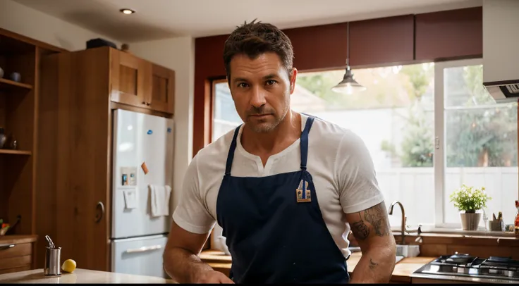 realistic, 42 year old man doing housework in kitchen, sharp focus, studio shot, intricate details, highly detailed