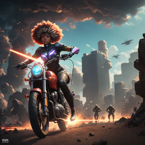 wide angle shot of Full body shot of afro-anime art wide angle shot of African woman riding a motorbike above an army of mercenaries shooting at her,action sci-fi scene, laser bullets missing her, sunlight shining with a beautiful and vibrant light, with i...