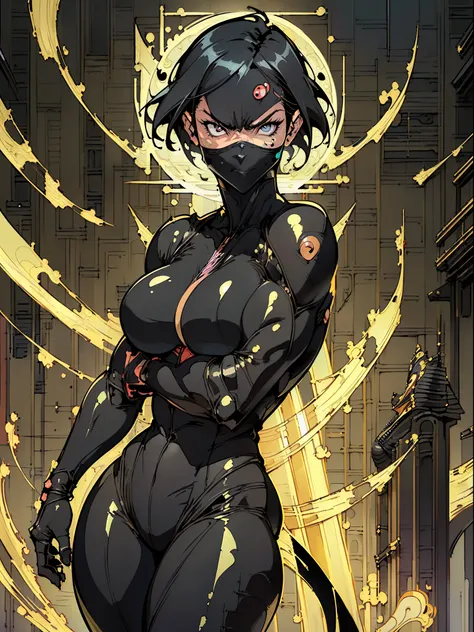 (High resolution, Pixels are perfect, luxurious illustration), (hyper quality, masutepiece, Ethereal: 1.4),(Solo:1.4), (((Focus on Face))), ((Very short hair)),  (((Black hair))), ((angry)),, pale skin ((thick thighs)), ((Huge breasts)), (((wide hips))), (...