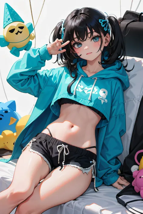 (child)，（​masterpiece，Highest Quality），Crop Top Look，Turquoise Hoodie，(Gingham Check Shorts)，A dark-haired，World of toys