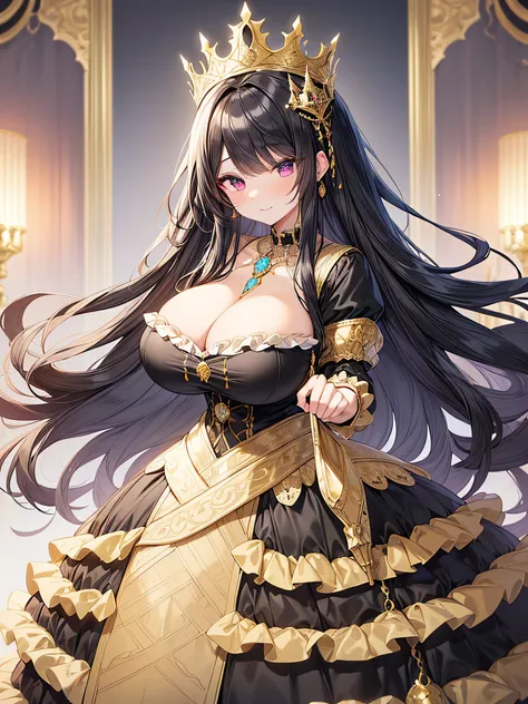 anime artstyle,Masterpiece,(Best Quality),(Super Detail),(Very Delicate and Beautiful),(Solo),((full body portrait)),full body,full body portrait,(detailed face and eyes),jewel-like beautiful eyes,(ruffled gorgeous black rococo ballgown decorated with fril...