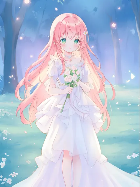 beautiful fairy girl in sparkling white ballgown, puffy flowing ballgown, sheer fluttering sleeves, ((glowing sheer layered dress)), long red gold hair, colorful fantasia background, delicate white flowers in her hair, watercolor illustration, glowing ligh...