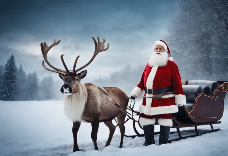 Santa Claus standing next to his sleigh with reindeer, in a snowy landscape, ultra realistic photo,