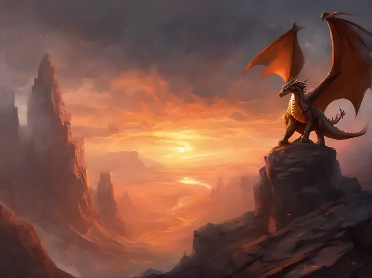 Barren cliffs of grey and brown granite overlooking a deep canyon filled with lava, on the close edge of the cliff rests a kneeling anthropromorphic dragon male, he only has an armored waistplate and has a sword in his right hand, his scales are dark grey ...