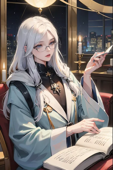 an androgynous hooded boy with long white hair sits on a throne and holds an open book, the person is wearing glasses, the room is lit by flying candles and is filled with books and shelves with a large round window in the background showing the galaxy wit...