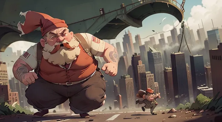 dr mephesto, with his Fat man and bandana on boonie hat around his head, on the edge of the NEW YORK CITY, running very fast.