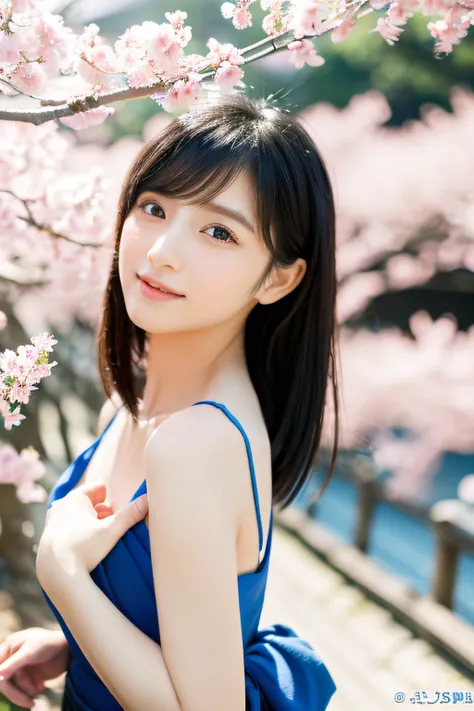 (​masterpiece、high-level image quality、hightquality),(Beautiful realistic Japan woman、cute little:1.4)、(Spring breeze blows、budding)、Black hair fluttering in the wind、blue-sky、Beautiful limbs、modeled、