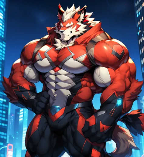 City background, skyscraper, futuristic city, night, stars, night lights, Leomon Gigachad, super hero, hero, bodysuit, massive muscles, huge pecs, chiseled abs, huge pectorals, exaggeratedly huge muscles. a furry hero whose presence inspires trust and resp...