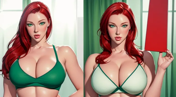 Female original character reference sheet adoptable, (masterpiece:1.4), (photorealistic:1.3), (best quality), (extremely high detail), Austin White, ((red hair)), ((Green eyes)), huge breasts, fitness body, surprised, making oh face, blushing, embarassed, ...