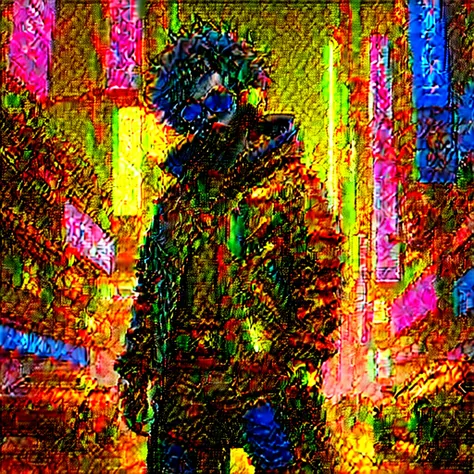 Create a digital artwork of Kenny McCormick in a Cyberpunk setting. Kenny should be anthropomorphized, standing on two legs and wearing futuristic attire complete with neon accents, cybernetic implants, and high-tech accessories. The background should be a...