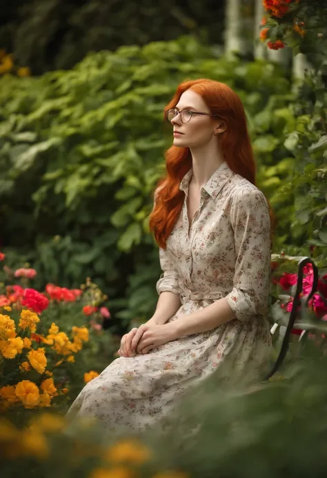 A photo of a person sitting on a bench in a botanical garden, surrounded by vibrant flowers.,original,red hair, red beard, brown eyes, pale skin, square-framed glasses, button-up shirts, dress slacks, Scandinavian, thin, slender, tall