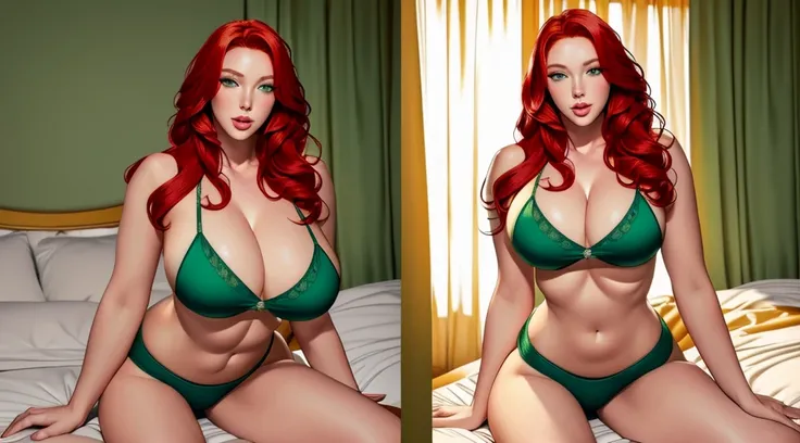 Austin White, Female original character reference sheet adoptable, (masterpiece:1.4), (photorealistic:1.3), (best quality), (extremely high detail), ((red hair)), ((Green eyes)), huge breasts, slim body, dynamic pose, Full body,