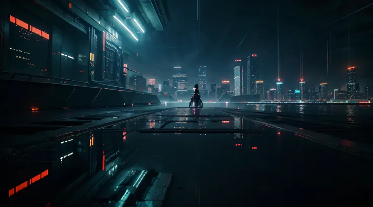 Create a night scene of a dark cyberpunk city with heavy rain. Include light reflection effects in water and neon reflections from skyscrapers creating a futuristic atmosphere with highly detailed images in 8k resolution