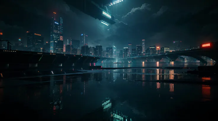 Create a night scene of a dark cyberpunk city with heavy rain. Include light reflection effects in water and neon reflections from skyscrapers creating a futuristic atmosphere with highly detailed images in 8k resolution