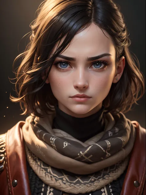 A photorealistic portrait of Emma Mackey, looking directly at the viewer, wide jaw, strong chin, closeup, close-up, with light makeup, Extremely detailed eyes, black hair cut in a bob style, hair framing face, serious expression, one eyebrow raised, A deta...