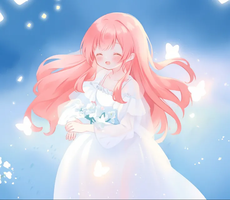 beautiful girl in sparkling white ballgown, puffy flowing ballgown, sheer fluttering sleeves, glowing ballgown, long red gold hair, colorful fantasia background, delicate white flowers in her hair, watercolor illustration, glowing lights, beautiful digital...