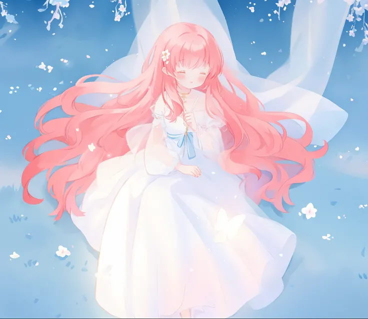 beautiful girl in sparkling white ballgown, puffy flowing ballgown, sheer fluttering sleeves, glowing ballgown, long red gold hair, colorful fantasia background, delicate white flowers in her hair, watercolor illustration, glowing lights, beautiful digital...