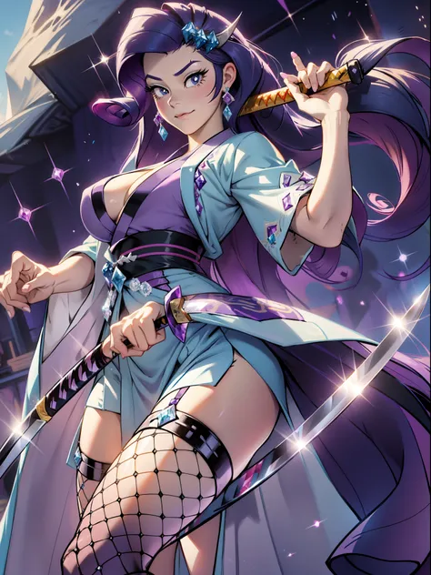 Rarity, Rarity of My Little Pony, big breastes, Lush breasts, elastic breasts, exuberant hair, purple hair, straight hair, samurai, kimono , smirk, serious face, Katana in hand, big iron katana, very long katana, emphasis on the sword, shiny sword, glitter...