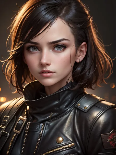 A photorealistic portrait of Emma Mackey, exactly like Emma Mackey, looking directly at the viewer, wide jaw, strong chin, closeup, close-up, with light makeup, Extremely detailed eyes, black hair cut in a bob style, hair framing face, serious expression, ...