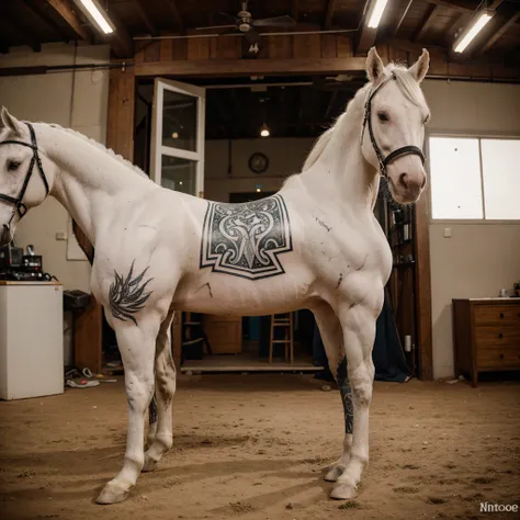 Cinematic photo of a white horse covered in intricate tattoos, in full height, full pose, full - body, hyper realisitc, many tattoo