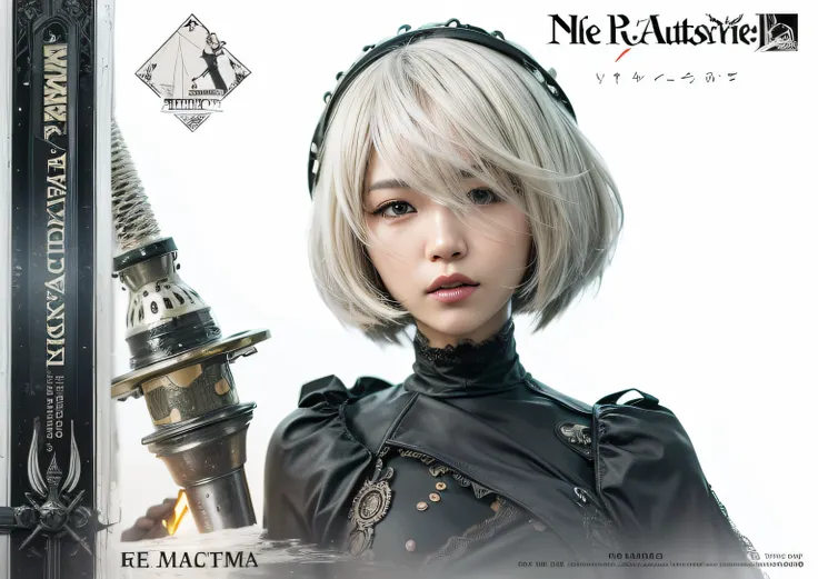 asian girl with white hair and a black jacket, 2 b from nier automata, 2b from nier automata, 2b, 2 b, nier : automata inspired, nier:automata inspired, nier 2 b, 2b nier automata, nier inspired, nier autoamata, girl with short white hair, high res, ultras...