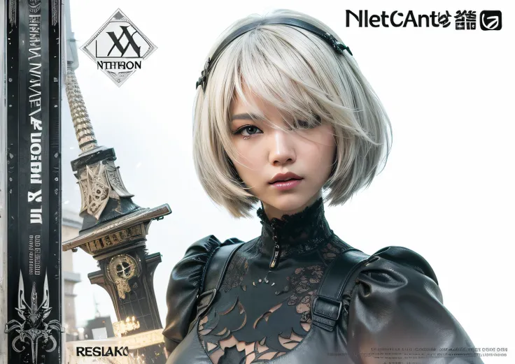 asian girl with white hair and a black jacket, 2 b from nier automata, 2b from nier automata, 2b, 2 b, nier : automata inspired, nier:automata inspired, nier 2 b, 2b nier automata, nier inspired, nier autoamata, girl with short white hair, high res, ultras...