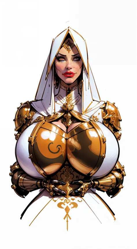 ((masterpiece)),(((best quality))),((character design sheet)), ((full body view)) ((cyberpunk empress)) mature face, ((middle eastern eyes:1.4)), ((gold cybernetic gown)), (((intricate futuristic breastplate))), defined cheekbones, high cheekbones, illustr...