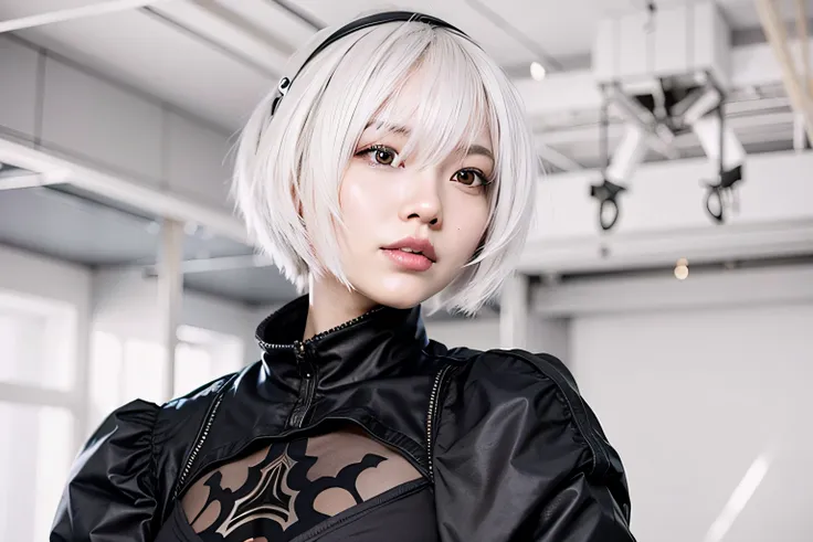 asian girl with white hair and a black jacket, 2 b from nier automata, 2b from nier automata, 2b, 2 b, nier : automata inspired, nier:automata inspired, nier 2 b, 2b nier automata, nier inspired, nier autoamata, girl with short white hair, high res, ultras...