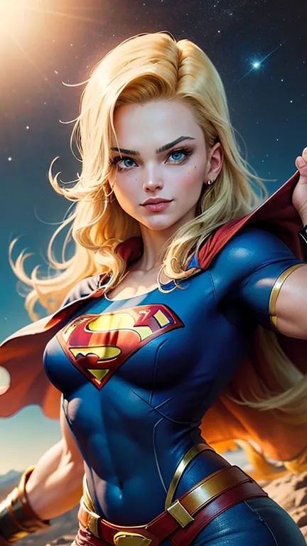 Android 18, ((whole body view)), (SUPERGIRL is in outer space),loira do cabelo curto , (Lifting a large asteroid with your hands), (Complete DC Comics Superheroine), fora, highlights your muscles and scars. The scenery is lush and mysterious, com galaxias ...