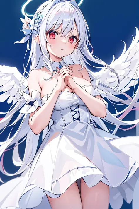 1girl, solo, wings, long hair, halo, dress, looking at viewer, own hands together, red eyes, bare shoulders, blue background, white dress, angel wings, white hair, detached sleeves, angel, hair between eyes, closed mouth, feathered wings, bangs, wide sleev...