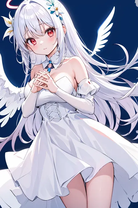 1girl, solo, wings, long hair, halo, dress, looking at viewer, own hands together, red eyes, bare shoulders, blue background, white dress, angel wings, white hair, detached sleeves, angel, hair between eyes, closed mouth, feathered wings, bangs, wide sleev...