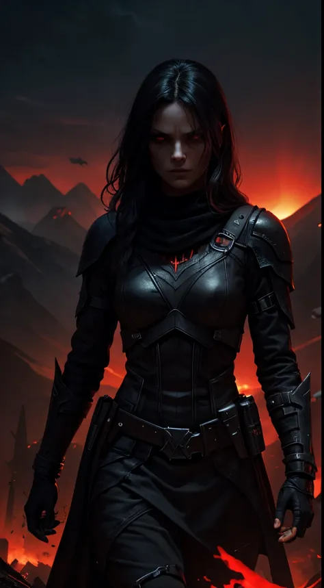 motivation, dark,evil, scifi style, female,red, darker, dark background, evil character, horror style, fighting dark pit, dead monsters ,walley of dead sun , dark, mountains, graveyard