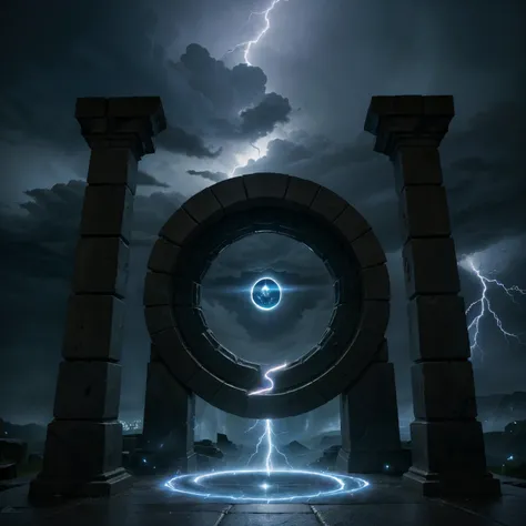 realistic image, best possible quality, platform carved in stone, a mystical portal to another dimension; we see a large eye inside the portal; a wizard conjures an order to the portal, storm at the top of the scene, lightning and flashes, a two-headed dra...