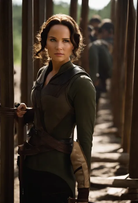 A photo of Katniss crouched behind a barricade, arrow ready to be loosed.,The Hunger Games Trilogy,Katniss Everdeen, the protagonist of “The Hunger Games,” is characterized by her athletic build, olive skin, dark hair often styled in a practical braid, and...