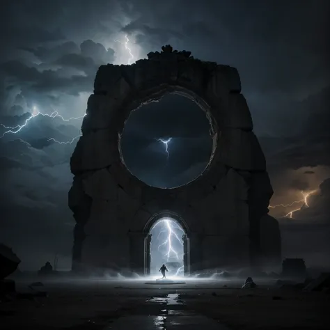 realistic image, best possible quality, platform carved in stone, a mystical portal to another dimension; we see a large eye inside the portal; a wizard conjures an order to the portal, storm at the top of the scene, lightning and flashes, a two-headed dra...