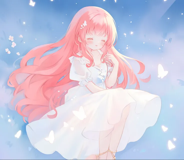 beautiful girl in sparkling white ballgown, puffy flowing ballgown, sheer fluttering sleeves, glowing ballgown, long red gold hair, colorful fantasia background, delicate white flowers in her hair, watercolor illustration, glowing lights, beautiful digital...