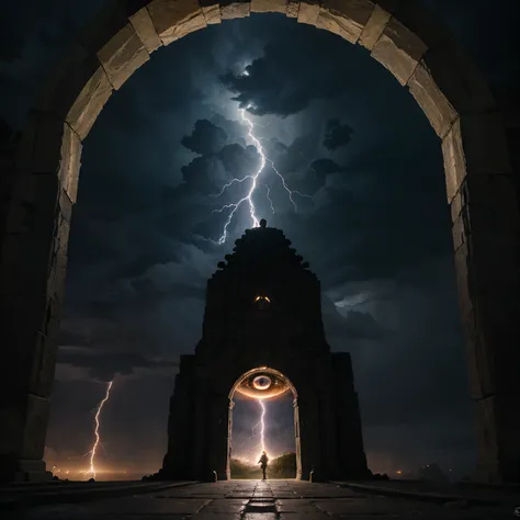 realistic image, best possible quality, platform carved in stone, a mystical portal to another dimension; we see a large eye inside the portal; a wizard conjures an order to the portal, storm at the top of the scene, lightning and flashes, a two-headed dra...