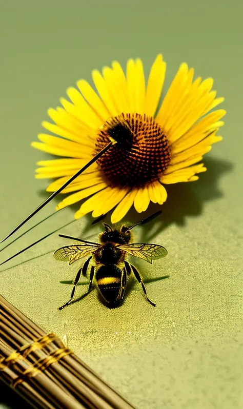 An artistic representation of acupuncture needles contrasted with a bee sting.