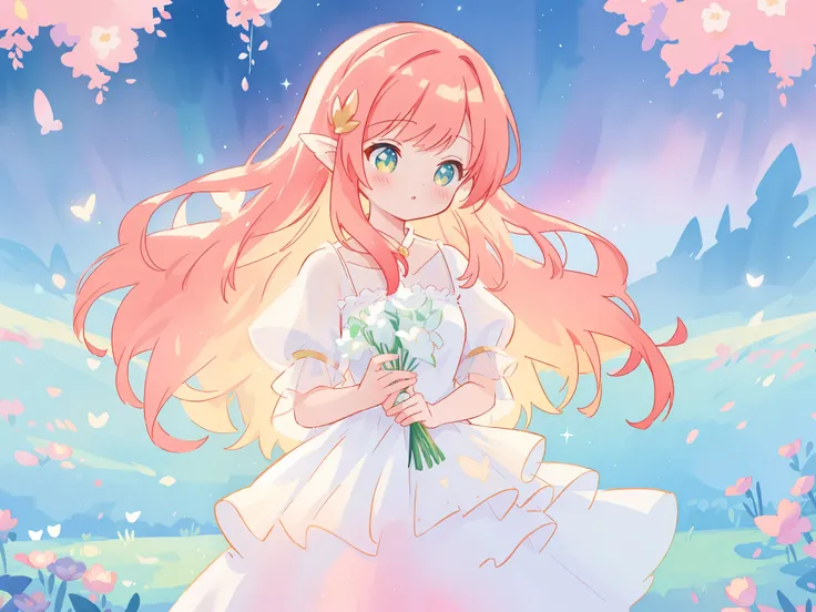 beautiful fairy girl in sparkling white ballgown, puffy flowing ballgown, sheer fluttering sleeves, ((glowing sheer layered dress)), long red gold hair, colorful fantasia background, delicate white flowers in her hair, watercolor illustration, glowing ligh...