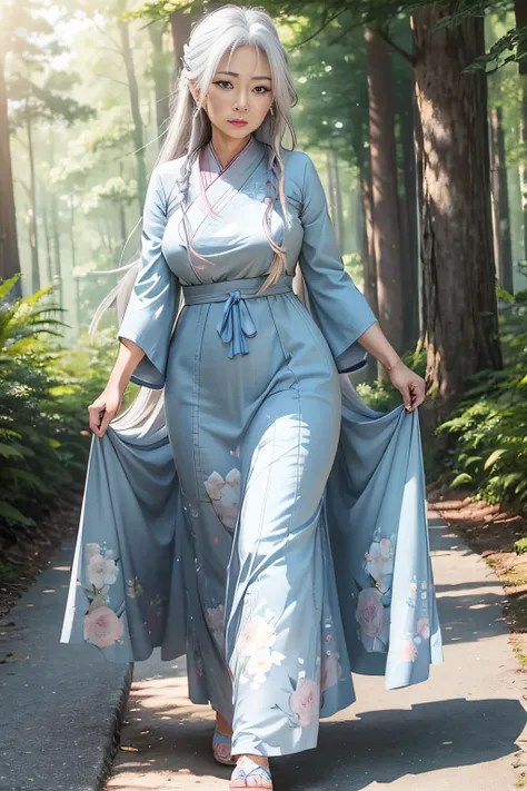 Realistic anime style, from the front, woman, oriental, 50 years old, age marks, long gray hair, blue eyes, long dress with light blue oriental design with white and pink prints, a light blue energy around her, in a forest flowery in the daylight