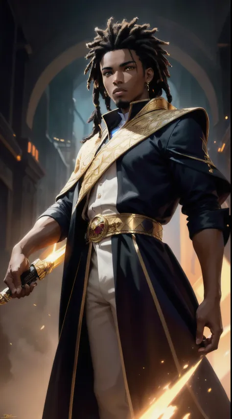 (Concept Art) of an (African-American) male, with dark [black] dreadlocks, (golden eyes), dark (brown skin), (young) prodigy, (Sci-Fi) sorcerer, (regal) robe, assassin (prince), (medium shot), perfect composition, hyper-detailed, 8K, high quality, (detaile...