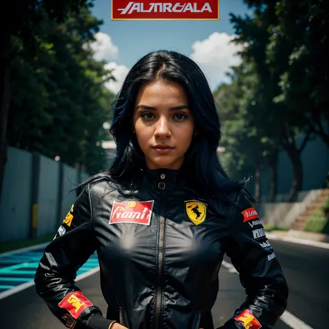 a poster inspired by Disney films, with the title Natty. uma garota negra de cabelos cacheados pretos e azul na nuca. Olhos castanhos escuros. is wearing a Ferrari jacket and is on a Formula 1 race track