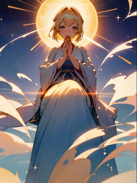 best quality 8K、Ancient Japan、fantastic ritual、A shrine maiden with a beautiful face、she receives light from heaven in both hands、A shining blue light falls on her、She has short golden hair、short blonde hair、her eyes are the color of sparkling water、Her wh...