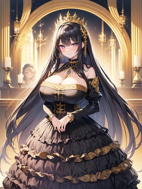 anime artstyle,Masterpiece,(Best Quality),(Super Detail),(Very Delicate and Beautiful),(Solo),((full body portrait)),full body,full body portrait,(detailed face and eyes),jewel-like beautiful eyes,(ruffled gorgeous black rococo ballgown decorated with fril...